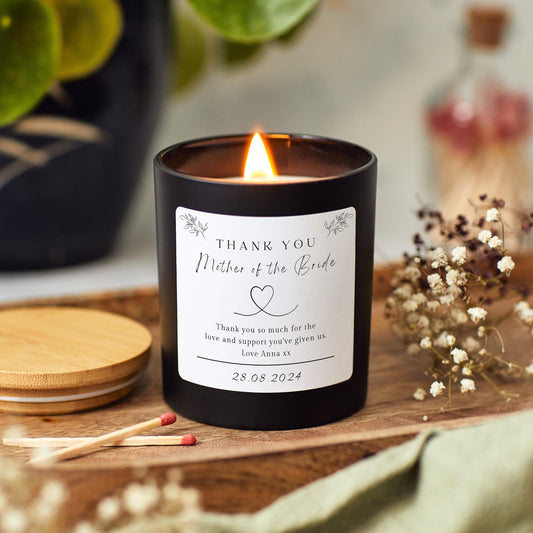 mother of the bride thank you candle made with soy wax. Scented Candle gift set with matches for mother of the bride, mother of the groom, step mother. Personalised candle gift for her. Wedding gift for mum