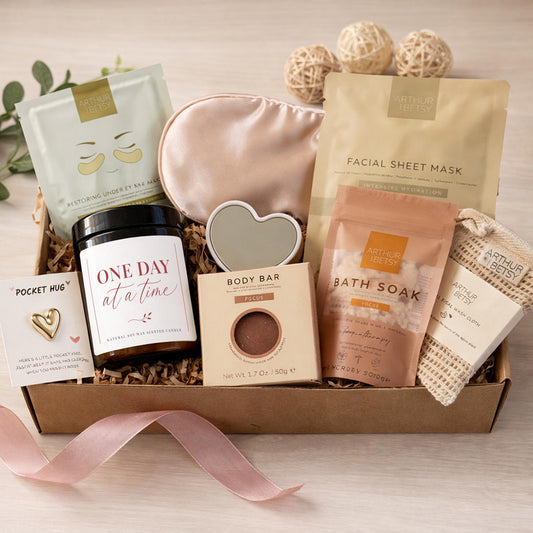 Self care gift box with one day at a time candle spa set bath soak face mask relaxation gift for stress relief and mental health