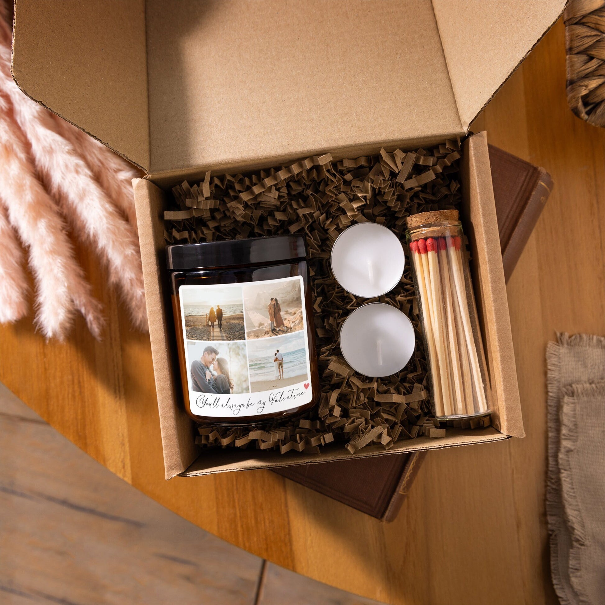 Personalised photo candle for valentine's day - 4 photos - amber jar gift set