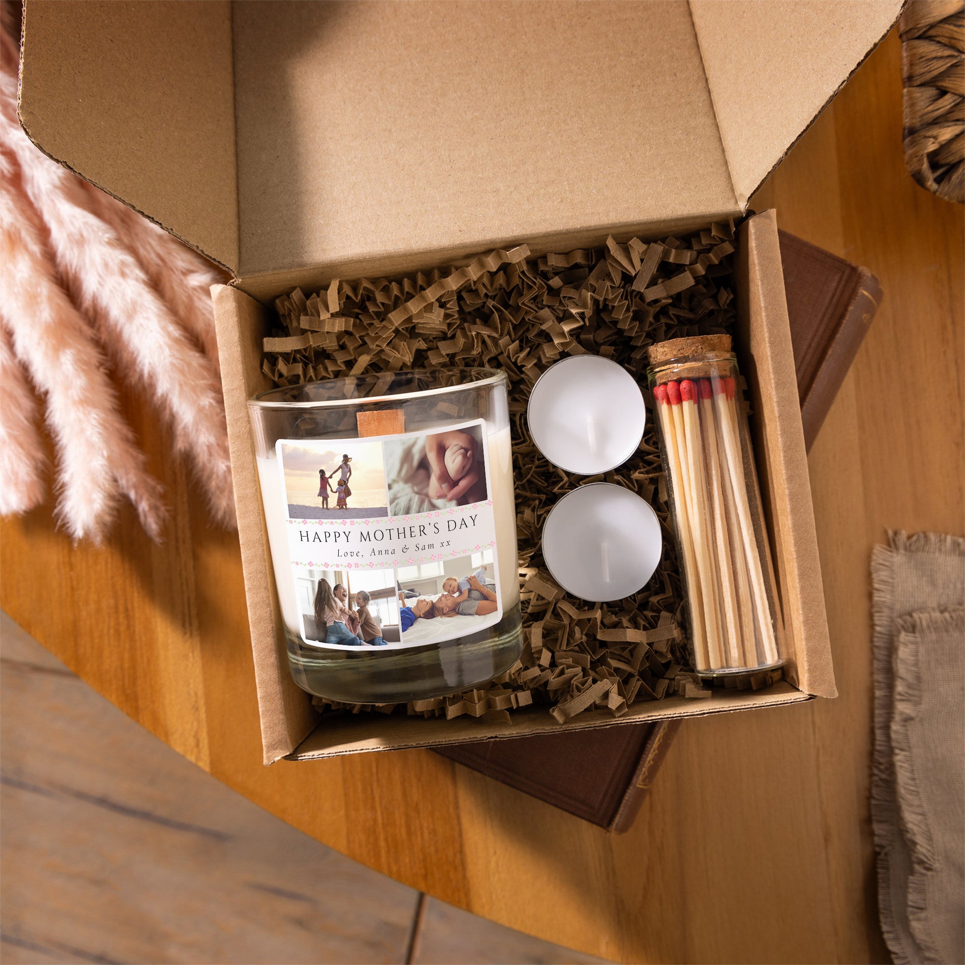 mothers day candle made with soy wax. The label design features 4 photos along with a short personalised message.