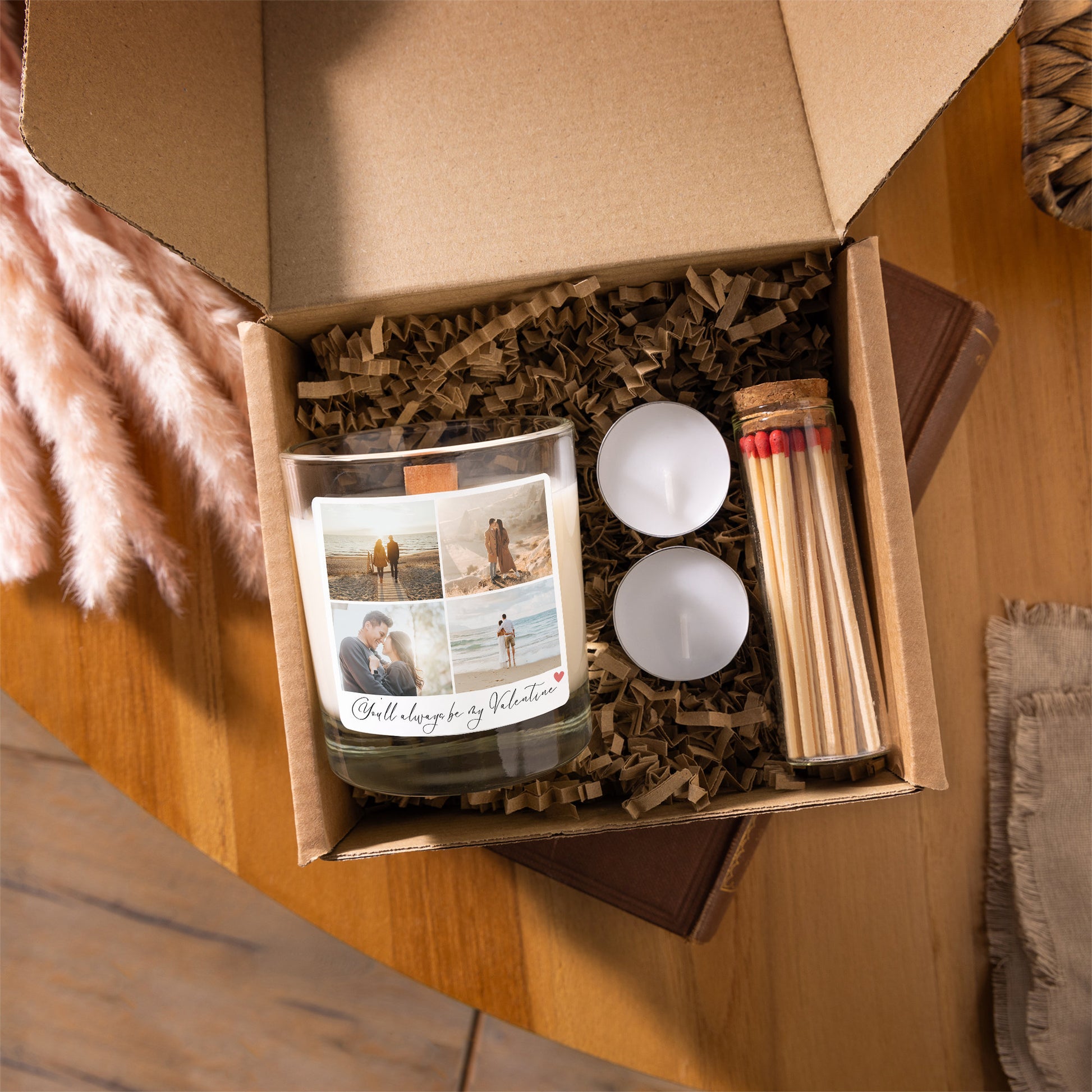 Personalised photo candle for valentine's day - 4 photos - clear jar gift sert